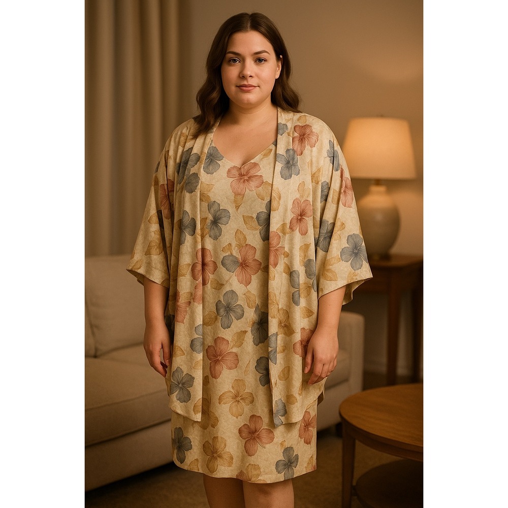 Gilberti 2 Pc Set Kimono Cardigan‎ V Neck Dress Beige Floral Balletcore Vintage